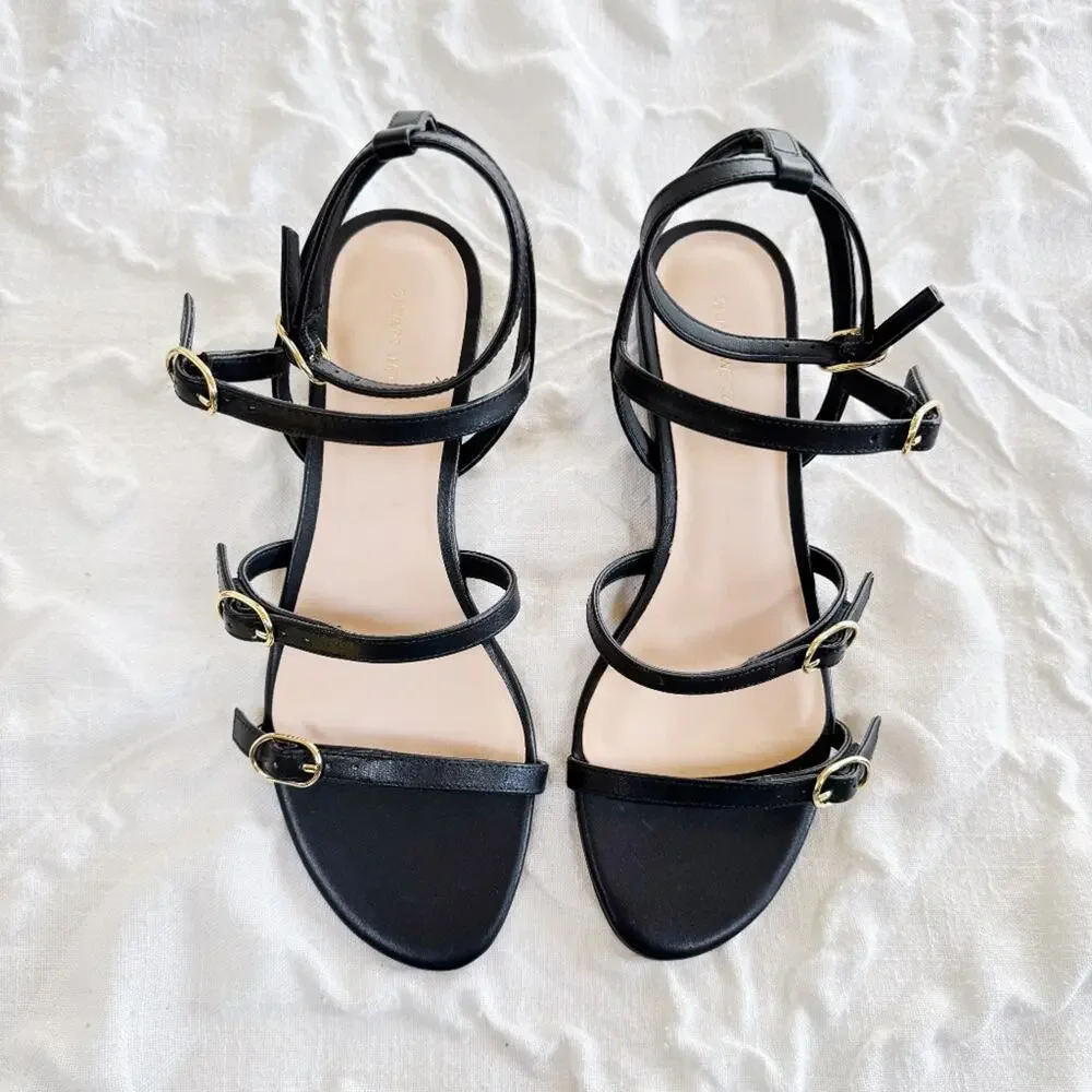 Stuart Weitzman Grecian Buckle Wedge Sandal In Black Leather Size 8 New - Picture 3 of 7